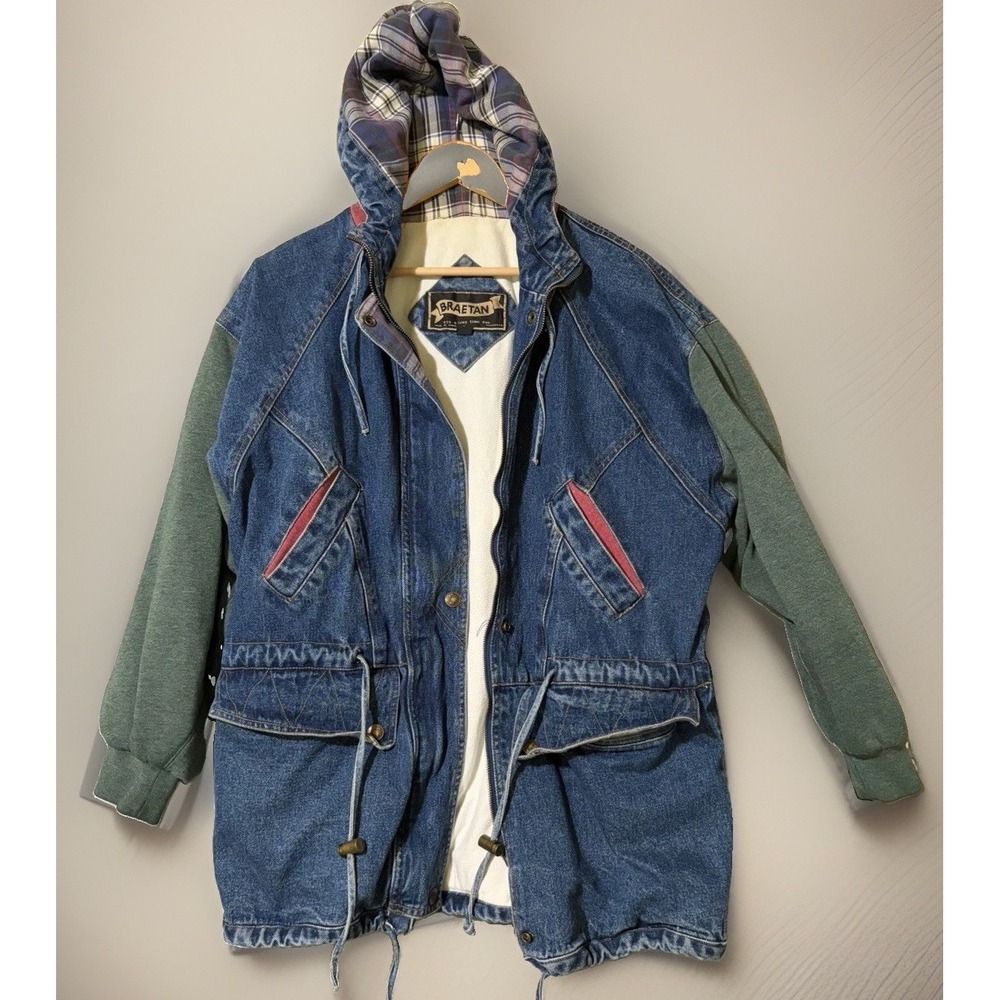 Vintage Braeten Denim Jacket W Hood Wool Patch Sz Large Great Condition